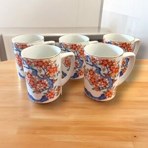 Vintage Japanese Floral Ceramic Mugs - Set of 5